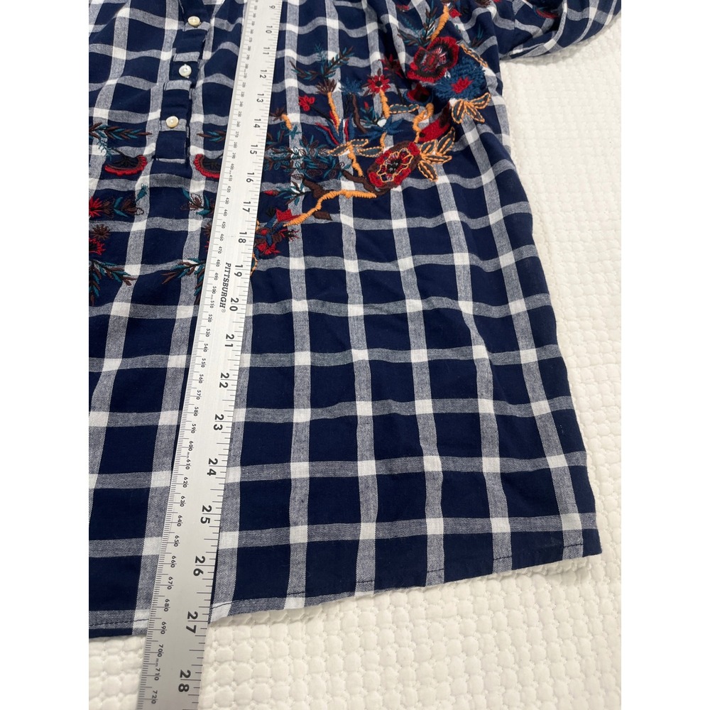Zara Trafaluc Navy Gingham Embroidered Tassel Boho Blouse XS - Picture 6 of 7
